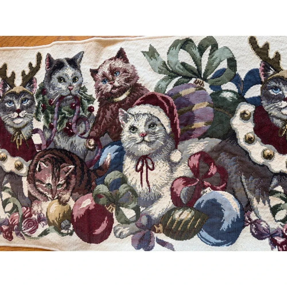 Vintage Christmas Cats Woven Tapestry Table Runner Holiday Decor 48 Inch